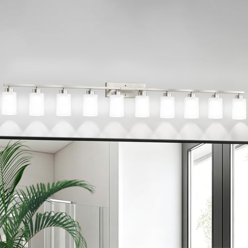 Image of IZORRO Bathroom Light Fixtures, Modern Vanity Lights, Bathroom Lighting Fixtures Over Mirror with Milky White Shade, Wall Sconce for Living Room Cabinet Bedroom (Brushed Nickel, 10-Light)