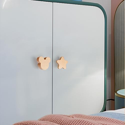 BOOLSFMAM Tier Holz Schrankknöpfe, 6 Stück Massivholz Schubladen Knöpfe Kinder, Sterne, Mond, Wolken Knauf für Schrank Möbelknöpfe Kinder