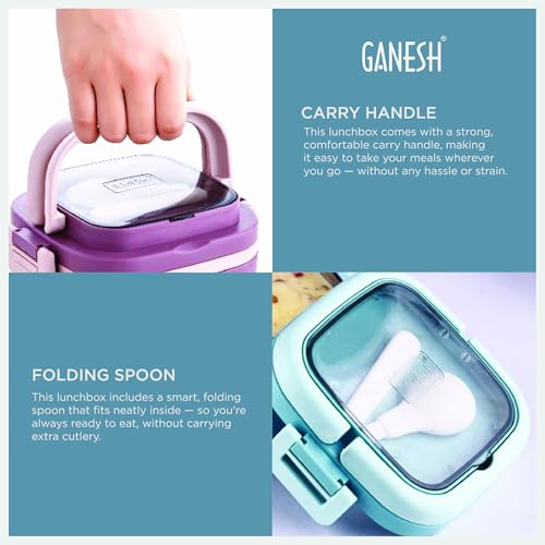 Image of Ganesh 1 Compartment Cubex Insulated Food Container with Attractive Spoon - Airtight Leak-Proof Lunch Box for Office, School, Picnic 380ml - Peach