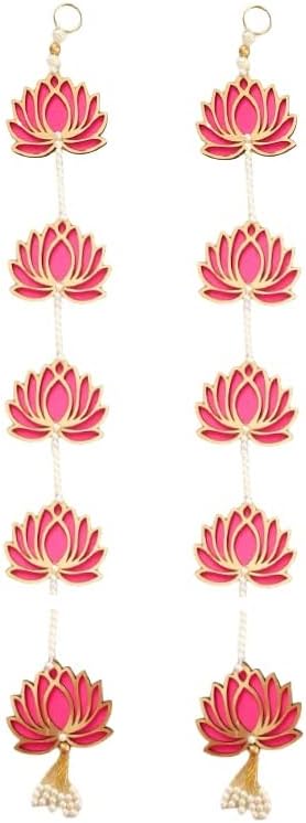 Divyakosh Lotus Hangings For Decoration | 5 Tier Mdf Floral Wall Hangings With White Golden Beads, Pearls|Door Hanging |Hangings For Door Entrance||Lotus Size 4 Inch - Latkan Size 30 Inch|2 Pcs|