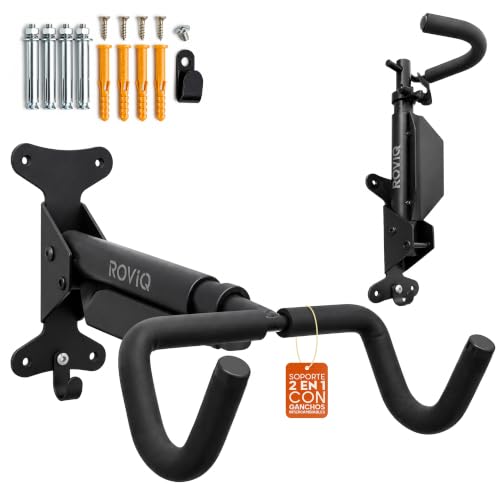 ROVIQ Soporte Bicicletas Pared 2 en 1, con 2 Ganchos Intercambiables para Colocarla Horizontal o Vertical, Brazo Ajustable y Plegable, Soporte Bicicleta Pared Vertical u Horizontal y Gancho para Casco