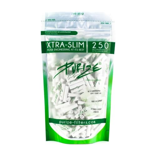 Purize Carbon Activated Extra Slim Filter Tips - 6mm - (250 Pack) - Enhance Your Smoking Experience with Advanced Filtration Technology - with Vastu Storage Mylar Bag (White)