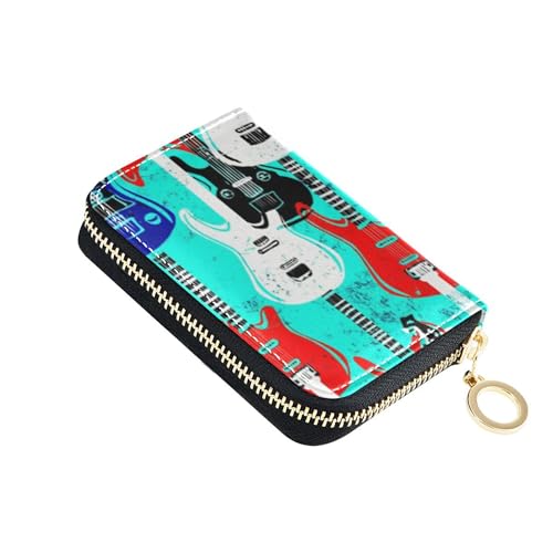 Colorful Electric Acoustic Guitars Blue Women Wallet Zip Around RFID Blocking Credit Card Wallets Cute Decorative Mens Wallet with Coin Pocket