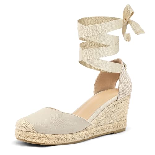 mysoft Women's Espadrille Platform Wedge Sandals Closed Toe Ankle Strap Lace up Summer Shoes by mysoft - Used condition - US$18.70