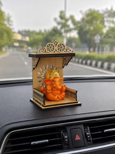 Image of Handcrafted Wooden Car Dashboard Temple, Walnut Finish, Laser-Cut Om Floral Design, MDF Mandir for Car Interior (Classic Ornate Roof Golden Oak Finish)