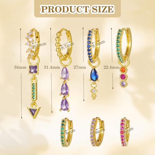 7pcs Gold Hoop Earrings Set 18K Gold Colorful Huggie Hoop Hypoallergenic Multiple Piercing Dangle Drop Stud Statement Earrings for Women Jewelry Gift2