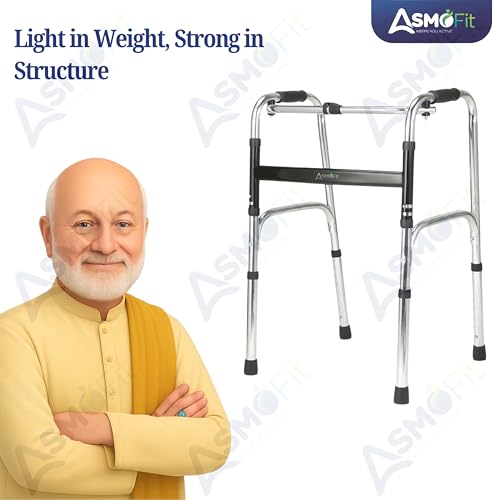 Image of Asmofit Premium Lightweight Aluminum Height Adjustable Folding Walker (Silver) | Portable Mobility Aid for Seniors, Elderly & Patients | Durable & Easy to Use Walking Support