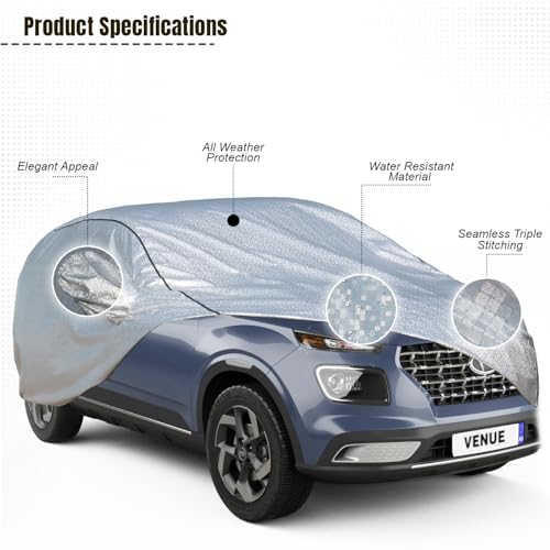 Image of Pivalo Car Cover for Hyundai Venue All Model & Years (2019-2022) 100% Waterproof with Mirror Pockets, Triple Stitched Bottom Elastic Dustproof Full Body Protection (Heat & UV Resistant, Silver)