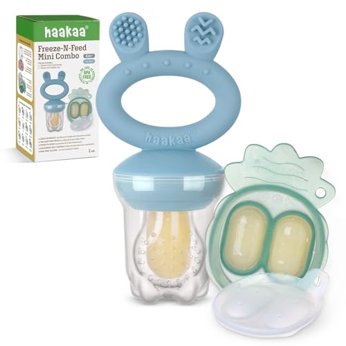 Image of Haakaa Baby Fruit Food Feeder & Mini Freezer Nibble Tray Combo, Breastmilk Popsicle Molds for Baby Cooling Relief, BPA Free Silicone Feeder for Safe Infant Self Feeding, 4 Month+ (Sky Blue)
