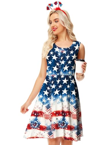 Image of Deerose 4th of July Dress for Women Sleeveless American Flag Patriotic Elastic High Waist Sundress