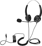 AGPtEK Auriculares Teléfono Fijo Binaural RJ9, Cascos con Cancelación de Ruido Micrófono Headset Headphone para Mayoría Teléfonos Fijos,...