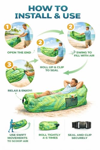 Image of Outdoor Inflatable Lounger with Air-Fill Design, Side Pocket and Carry Bag (Green)