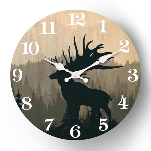 Image of XFM Rustic Cabin Deer Wall Clock 10 Inch Farmhouse | Silent Non-Ticking Battery Operated Round Decorative for Cabin Kitchen Farmhouse Decor
