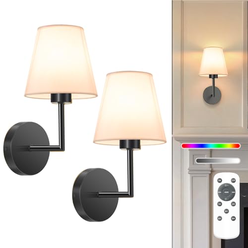 Image of NIORSUN 13.8 inch Battery Operated Wall Sconce Set of 2,Black Rechargeable Wall Lights with 10400mAh Dimmable Detachable Bulbs and Remote,9 Colors Wireless Sconces for Bedroom Living Room Hallway