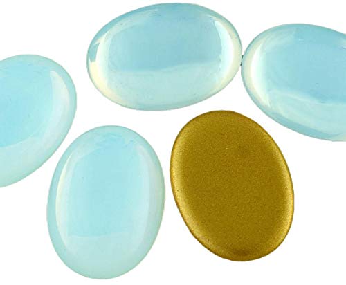 2pcs White Opal Sea Moonstone Gold Oval Domed Flatback Czech Glass Cabochons 25mm x 18mm