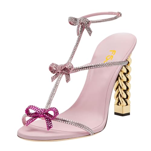FSJ Women Gold Metal Chain Thick High Heel Sandals Open Toe Strappy Ankle Buckle Strap Slingback Comfy Summer Dress Pumps Crystal Bows Size 4-15 US