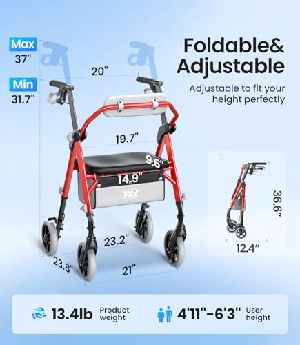 Image of VOCIC Z12 Walker for Seniors with Seat, 13.4 LBS Ultra Light, 350 LBS | Ergo Seat & Backrest for Comfort, Height Adjustable & Easily Foldable for Seniors, All Terrain Wheels, Silver