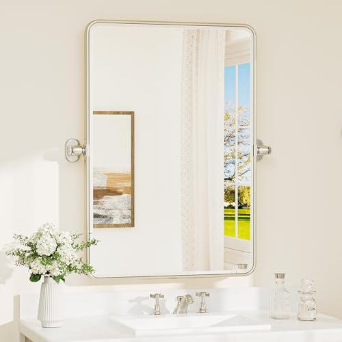 TETOTE Brushed Nickel Pivot Mirror for Bathroom 20 x 30 Tilt Rectangle Metal Framed Vanity Mirror, Modern Farmhouse Adjustable Tilting Beveled Rounded Corner Wall Mirror, Horizontal/Vertical