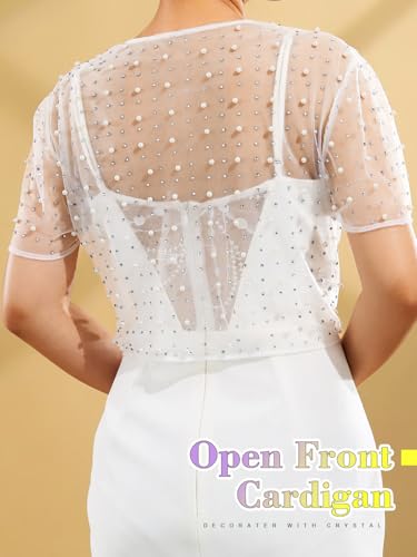 JONKY Pearl Rhinestone Cardigan Mesh See Through Bolero Sheer Short Sleeve Top for Bridal and Women3