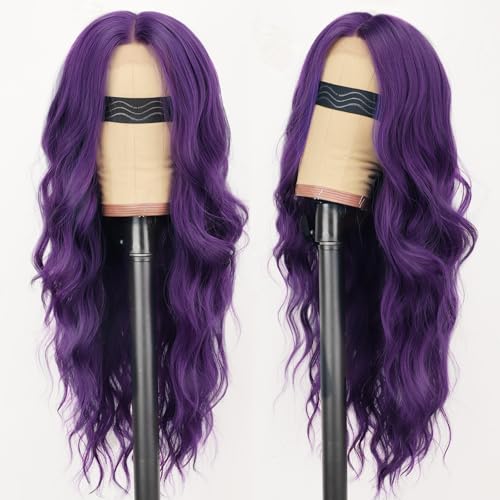 Image of AISI HAIR 【Beginner Friendly Wig Dark Purple Wig for Women, Long Wavy Lace Hairline Middle Part Synthetic Heat Resistant Wig for Daily Party-26 Inch
