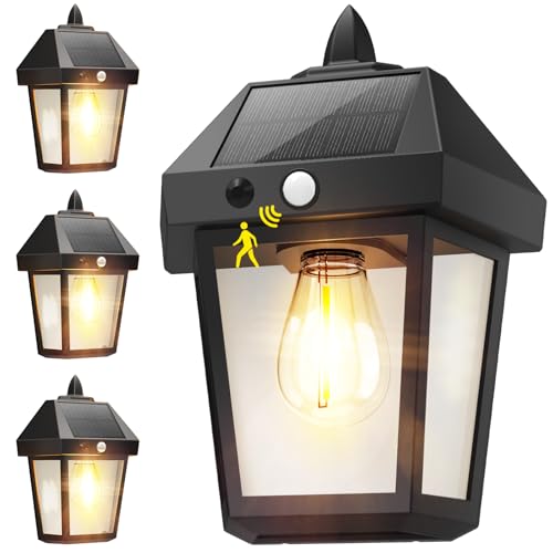 Image of DERAYSION 4 Pack Solar Wall Lanterns,9 Inch Solar Porch Light with Motion Sensor, 3 Mode Adjustable Brightness Waterproof Outdoor Wall Lights for Porch Door Patio Fence Garage