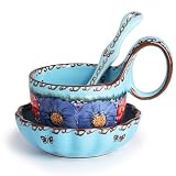 silesia Handmade Loop Handle Soup Bowl, Plate and Spoon Set Ceramic Hand Painted Cereal Bowl Great for Soup, Ice cream, Snack, Stew in Gift Box, Dishwasher & Microwave Safe, Glazed Blue