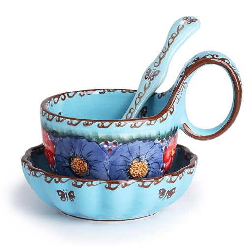 silesia Handmade Loop Handle Soup Bowl, Plate and Spoon Set Ceramic Hand Painted Cereal Bowl Great for Soup, Ice cream, Snack, Stew in Gift Box, Dishwasher & Microwave Safe, Glazed Blue
