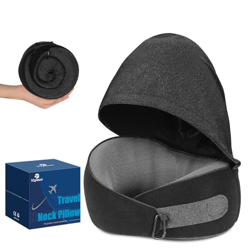 Image of Travel Pillow, Hooded Neck Pillow Airplane for Sleeping, Memory Foam Traveling Pillow for Long Flights, Portable Plane Accessories (Charcoal Black)