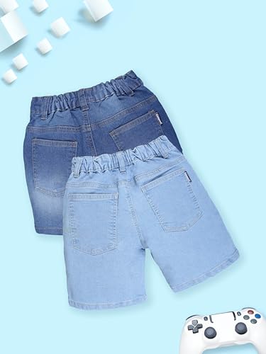 Image of KiddoPanti Boys Knee-Length Denim Shorts | Stretchable Cotton Poly Denim | Comfortable Fit with Button Elasticated Waistband & Zip Fly