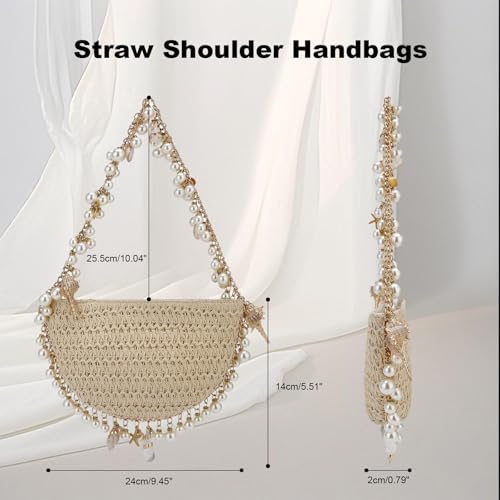 Comeon Women Straw Shoulder Handbag Pearl Conch Summer Beach Bag Chic Hand-Woven Straw Clutch Purse for Wedding Vacation2