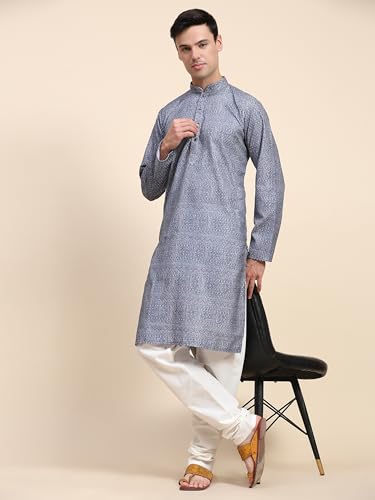 Image of SKAVIJ Men's Traditional Sequined Kurta with Pajama 2-Piece Set Grey X-Large