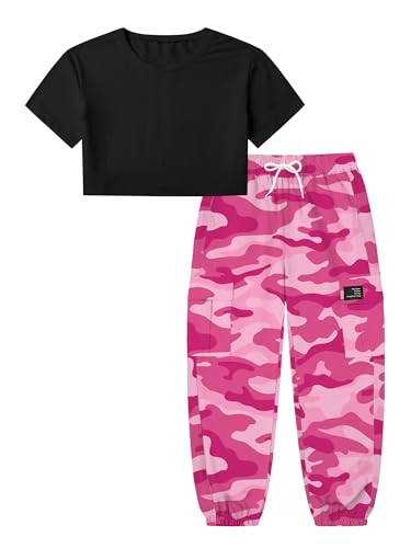 Image of Betusline Girls 2 Piece Set, Black Cute Short Sleeve Crop Tops + Rose Pink Camo Cargo Jogger Pants Clothes, 4-5T = Tag 120