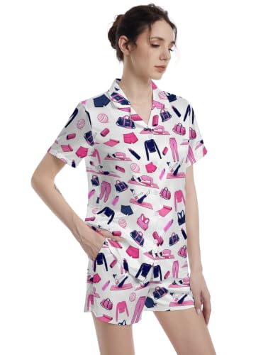 Image of Funny Pajamas for Women Set Print Satin Loungewear Pjs Short Sleeve Button Down Top and Shorts Sets Sleepwear XS-3XL