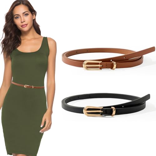 Image of Thin Belt for Women - Adjustable Skinny Leather Waist Belt for Formal Pants, Jeans, and Dresses with Fashion Buckle - Black & Camel, 2 Pack