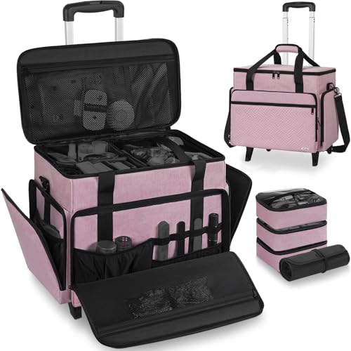 Extra Large Rolling Makeup Case with 4 Removable Pouches，Professional Make up Train Case with Wheels,Travel Cosmetic Bag for Hairstylists Nail Tech Makeup Artist with Detachable Trolley