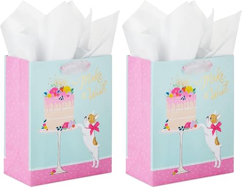 Image of Hallmark 9 inch Medium Birthday Gift Bag with Tissue Paper (Make a Wish Cake and Pug Puppy) (Pack of 2)