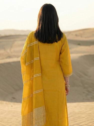 Image of INDO ERA Solid Straight Pure Cotton Kurta with Pant & Dupatta Set for Women