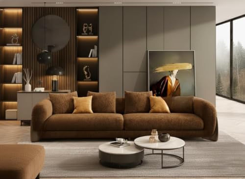 Image of Boucle Fabric Modern Design Sofa with Pillow or Strong Woden Legs Best for Living Room, Halways, Garden (3+1 Seater +Ottoman (Brown))