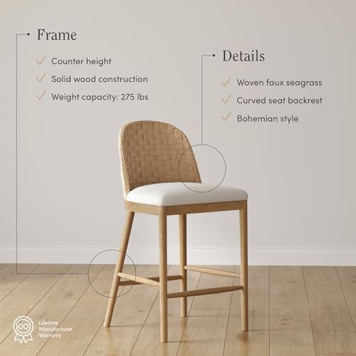 Image of Nathan James Rikki Seagrass Bar Stool with Back, 4-Pack Boucle Counter Stool with Upholstered Seat, Solid Wood Frame, and Woven Seagrass Backrest