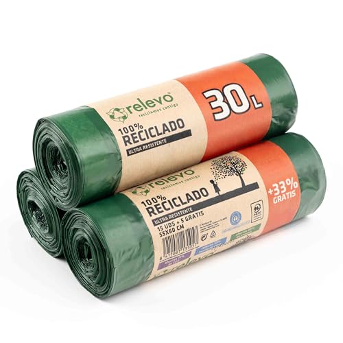 Relevo 100% Reciclado Bolsas de Basura, extra resistentes 30 L, 60 bolsas