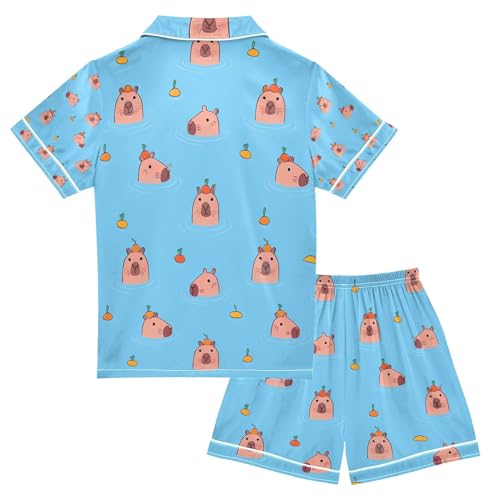senya Cute Capybara Bath Orange Satin Summer Pajama Sets Silk Short Sleeve Button Down Sleepwear2