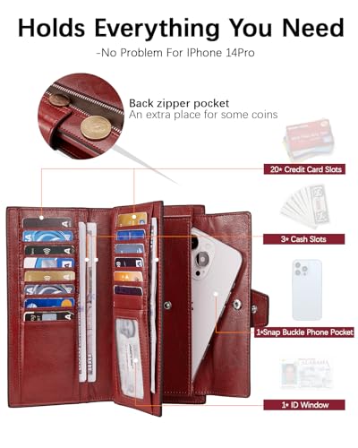 BOSTANTEN Womens Wallet Genuine Leather Wallets Large Capacity Cash Cluth Purse with Zipper Pocket Wine Red2