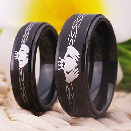 6mm/8mm Width Lover's Black Step Tungsten Carbide Brushed Surface Comfort Fit Classic Claddagh Design Ring - Sizes 5-152