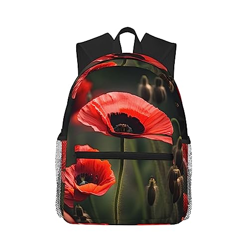 Sac à dos léger avec poches motif coquelicot rouge pour homme et femme, noir, taille unique