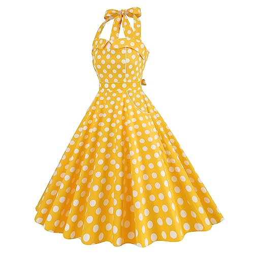 Image of 1950s Dresses for Women Vintage Retro Cocktail Party Swing Dresses Halter Floral Rockabilly 50s Polka Dot Pin up Dress