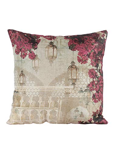 Image of ROMEE Designer Floral Printed Cushion Covers 16 inch x 16 inch Set of 5 | Decorative Square Jute Throw Pillow /Cushion Cover for Living Room, Sofa, Couch, Bedroom (Beige)