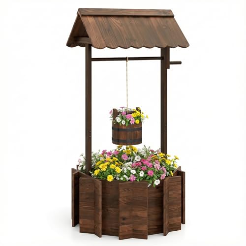 TANGZON Wooden Wishing Well Planter Fountain Barrel Well Planting Container with Hanging Planter Bucket & Adjustable Rope Ornamental Flower Pot for Patio Garden Yard (Triangular Roof 56x56x119cm)