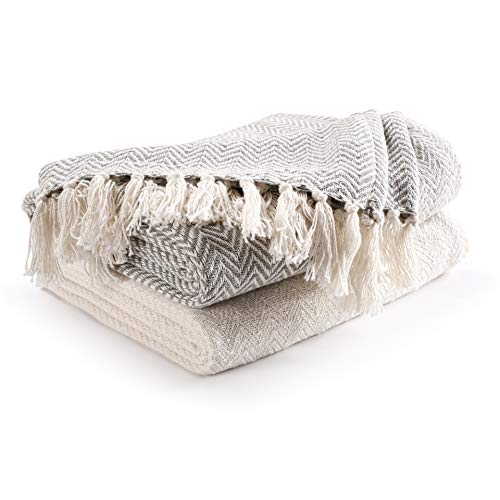 EHC - Juego de 2 mantas de algodón para sofá o silla, tejido de espiguilla, 125 x 150 cm (2 unidades), color marfil/negro