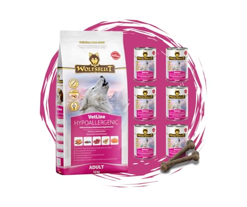 Wolfsblut Vetline Hundefutter - Hypoallergenic, 12kg + 6x395g - Sparbundel, Sparpaket - inklusive Warnicks Tierfutterservice Hundesnack Goodie