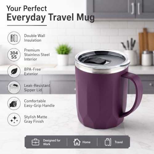 Image of MAGIC SPOON Stainless Steel Travel Coffee Mug with Sipper Lid & Handle, Insulated Tea Cup, BPA-Free Double Wall Tumbler for Hot-Cold Beverages, Office, Home, Car, Travel- Purple, (400ml X 1 Pack)